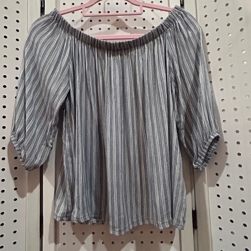 Polly & Esther Blouse Women S Blue White Striped Good Off The‎ Shoulder Smocked